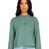 Rusty Botanical Rose Ladies Long Sleeve Relaxed Tee Dusty Teal