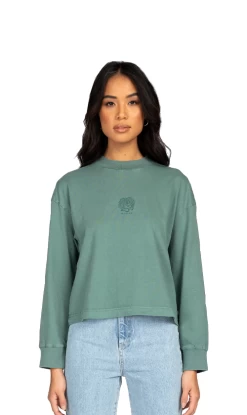 Rusty Botanical Rose Ladies Long Sleeve Relaxed Tee Dusty Teal