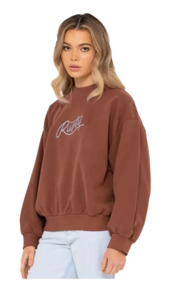 Rusty Script Oversize Crew Neck Ladies Jumper Brown