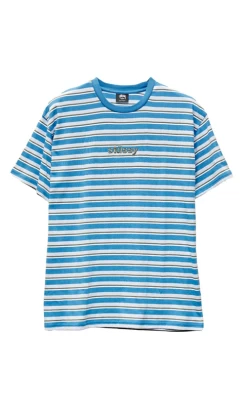 Stussy Italic Stripe Mens T-Shirt Silver Blue
